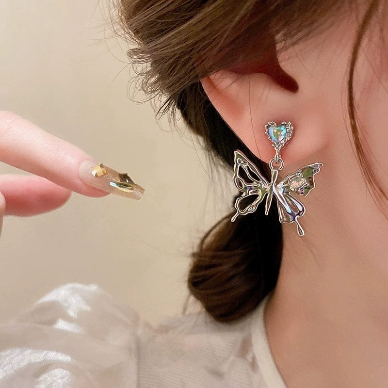 Crystal Inlaid Dangling Butterfly Earrings