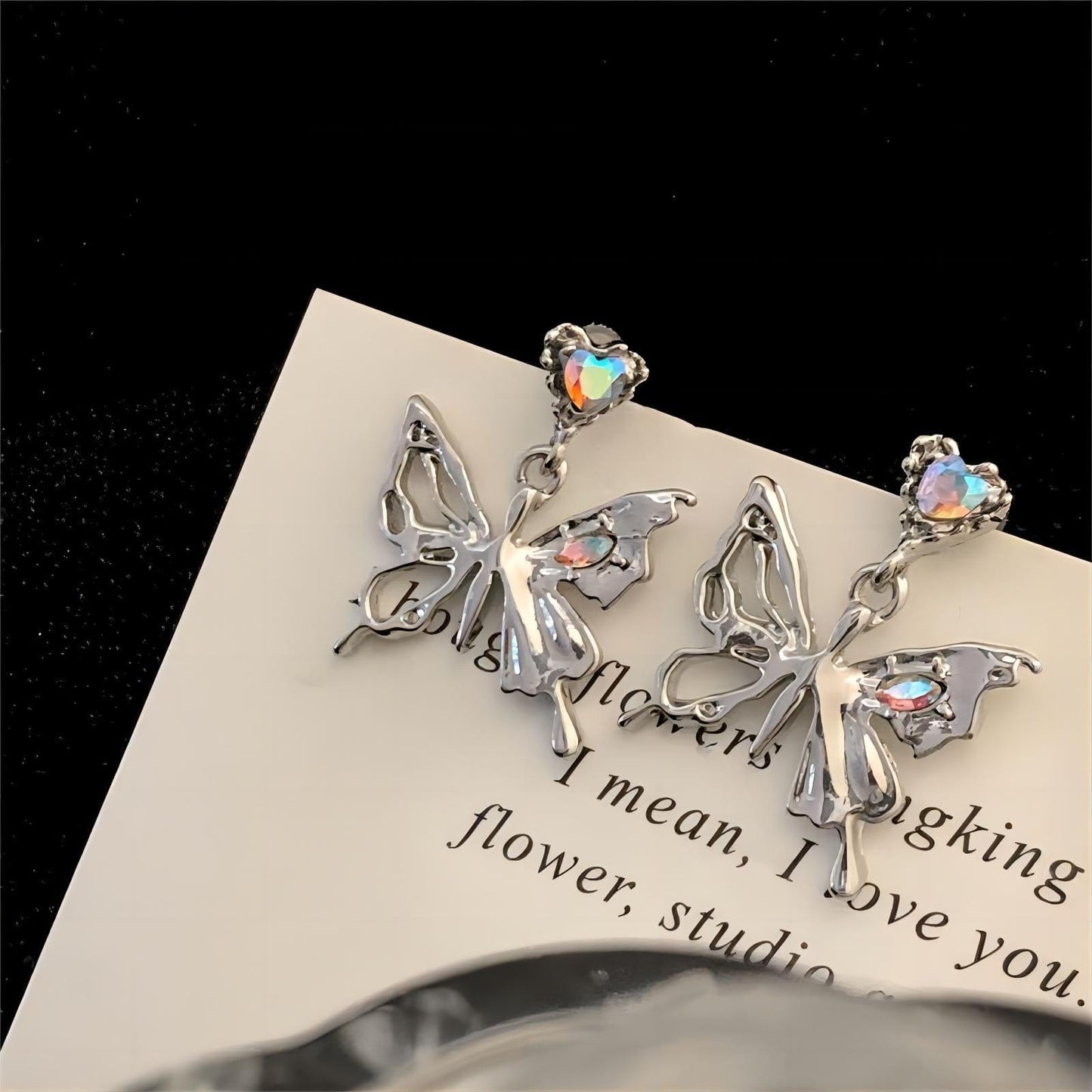 Crystal Inlaid Dangling Butterfly Earrings