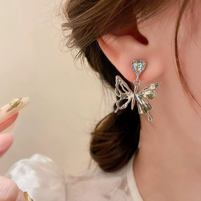 Crystal Inlaid Dangling Butterfly Earrings