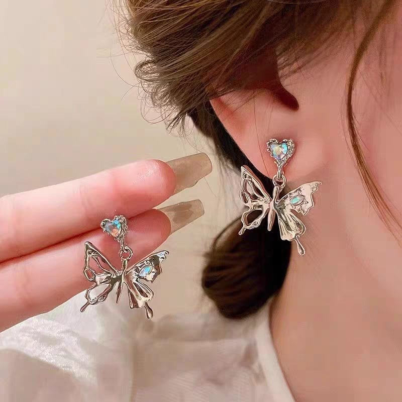 Crystal Inlaid Dangling Butterfly Earrings