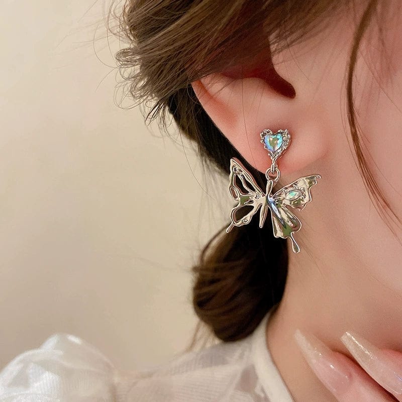 Crystal Inlaid Dangling Butterfly Earrings