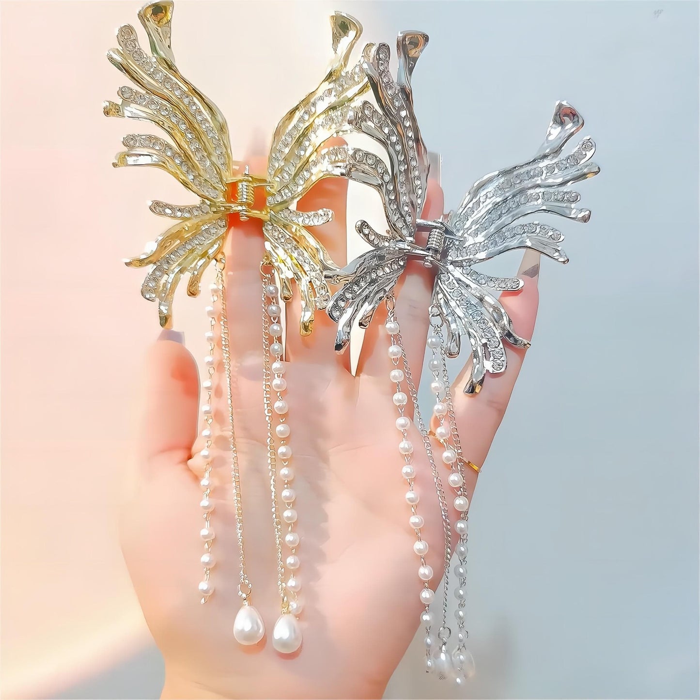 Pearl Chain Tassel Butterfly Chignon Claw Clip Hair Clip