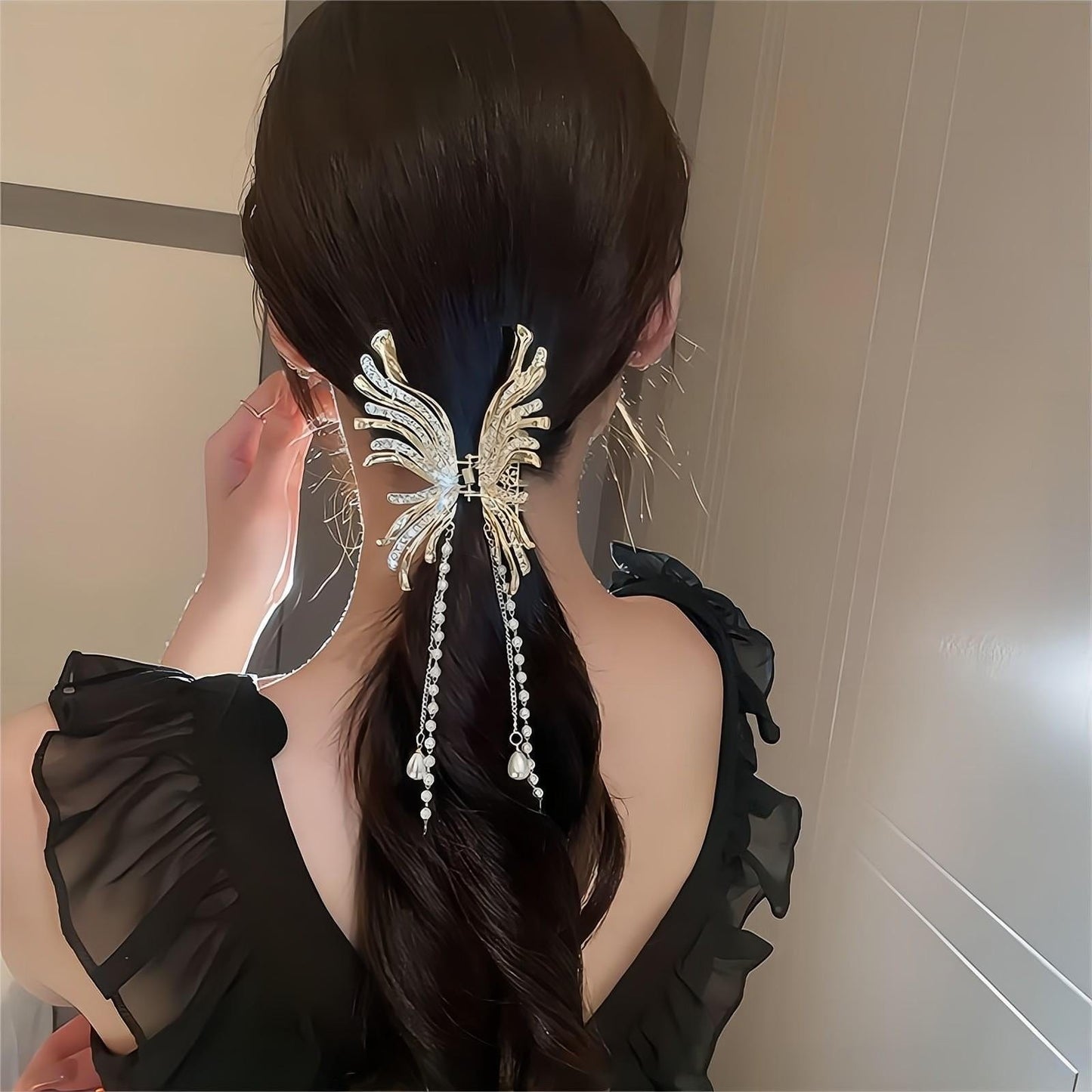Pearl Chain Tassel Butterfly Chignon Claw Clip Hair Clip
