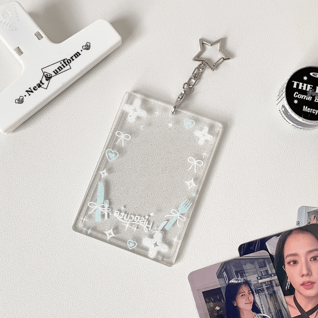 Glitter Heart Photocard Holder Star Acrylic Keychain Bow Kpop