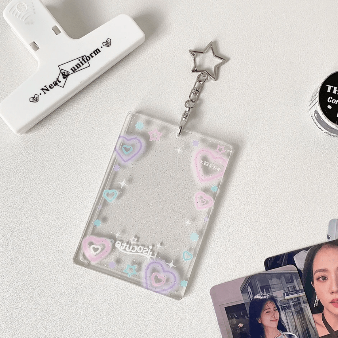Glitter Heart Photocard Holder Star Acrylic Keychain Bow Kpop