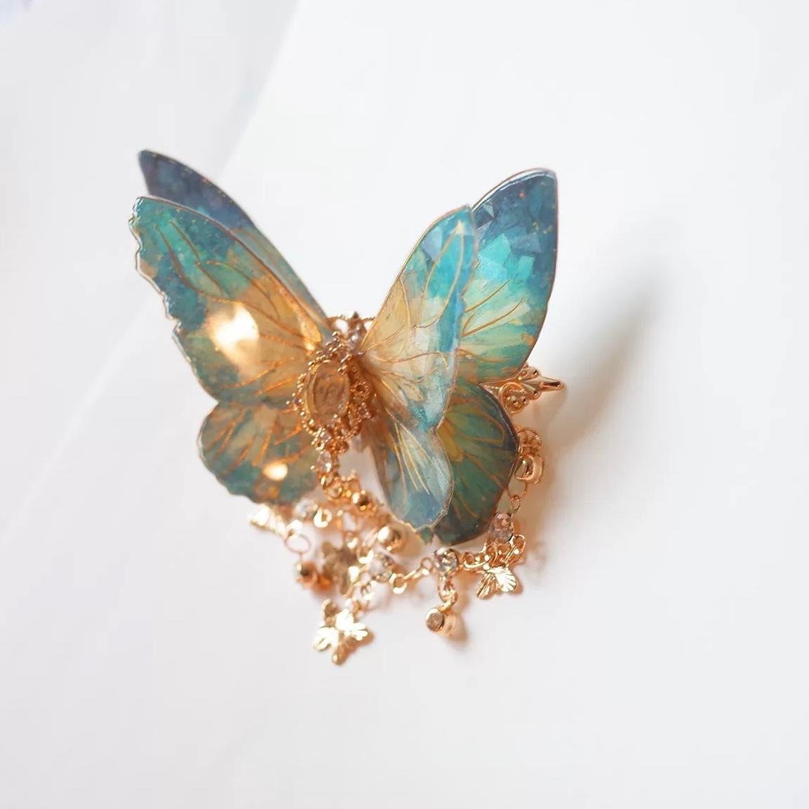 Double-Layer Gradient Tassel Butterfly Resin Clip Hair Rhinestone