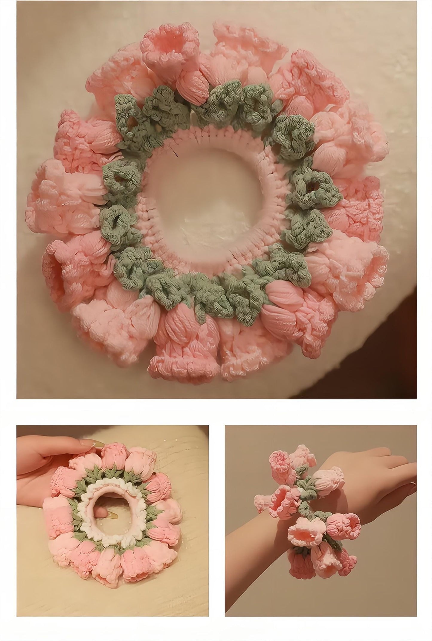 Rosa gehäkeltes Maiglöckchen-Chignon-Haarband