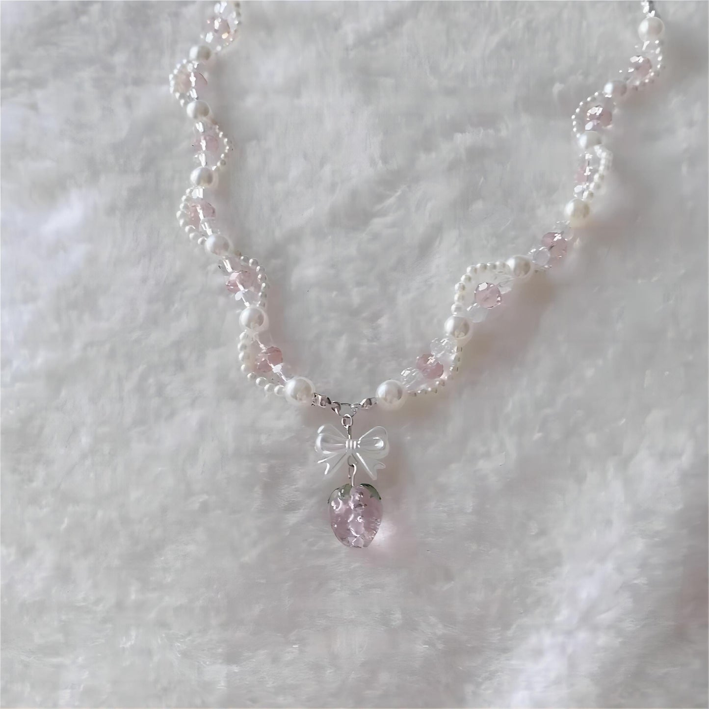 Pink Strawberry Pendant Pearl Chain Choker Necklace