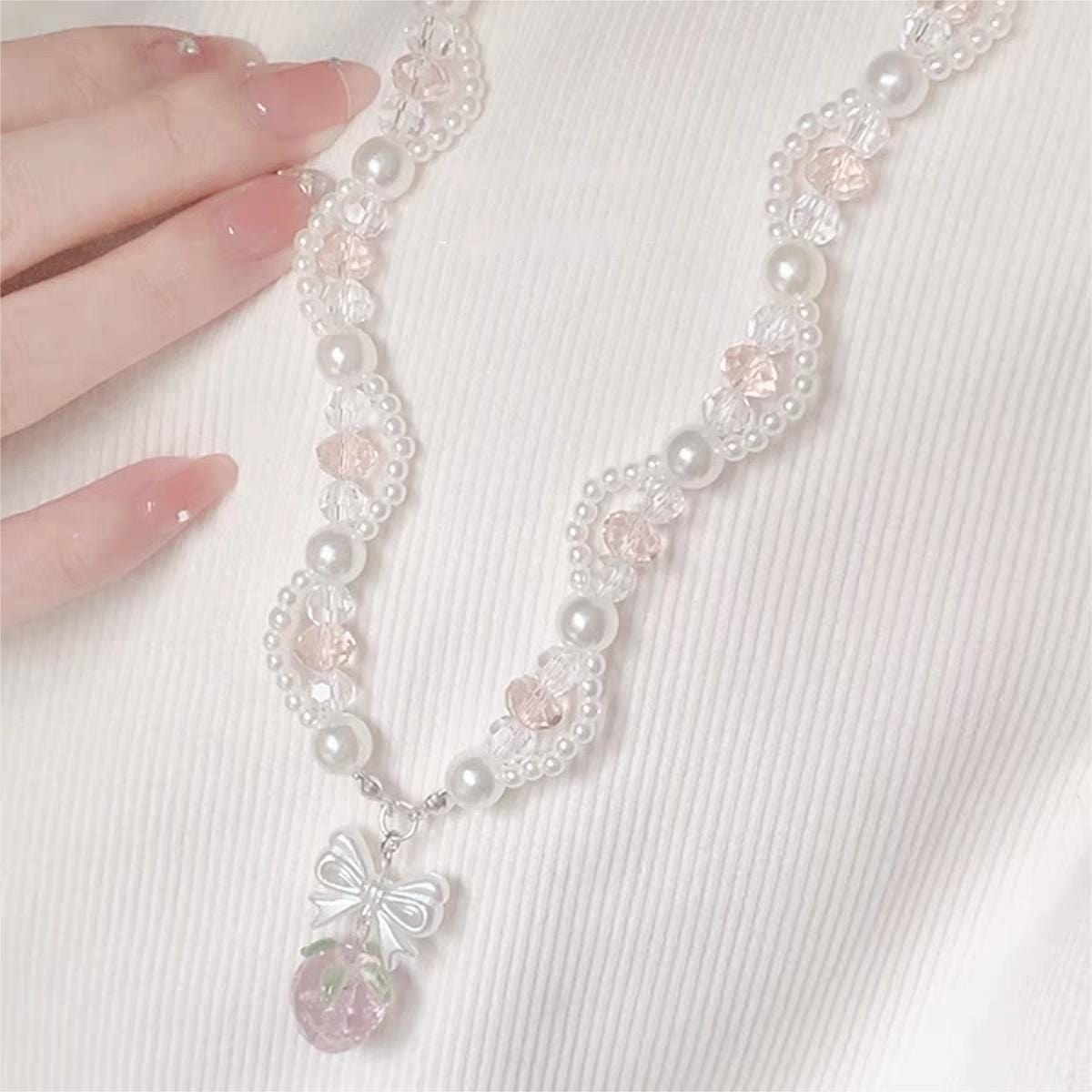 Pink Strawberry Pendant Pearl Chain Choker Necklace