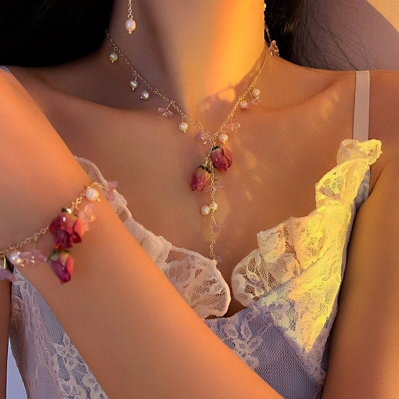 Real Dried Rosebud Floral Pearl Tassel Necklace Dangle Earrings Bracelet Set