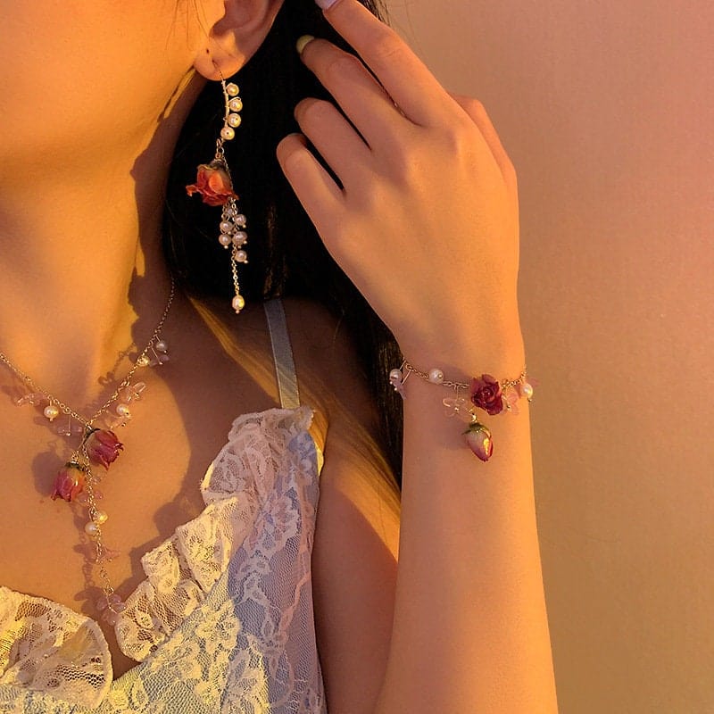 Real Dried Rosebud Floral Pearl Tassel Necklace Dangle Earrings Bracelet Set