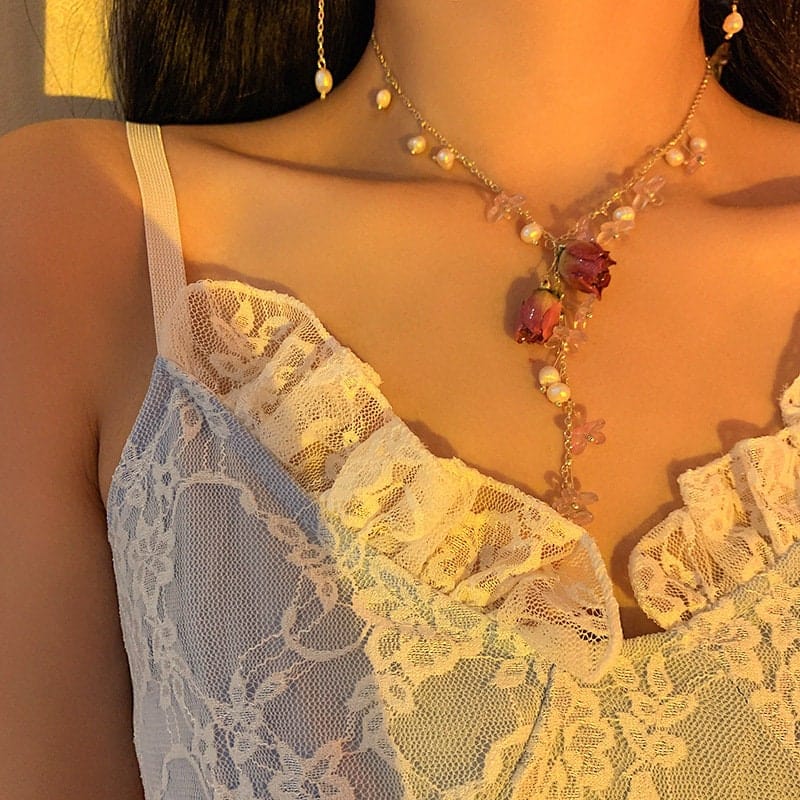 Real Dried Rosebud Floral Pearl Tassel Necklace Dangle Earrings Bracelet Set