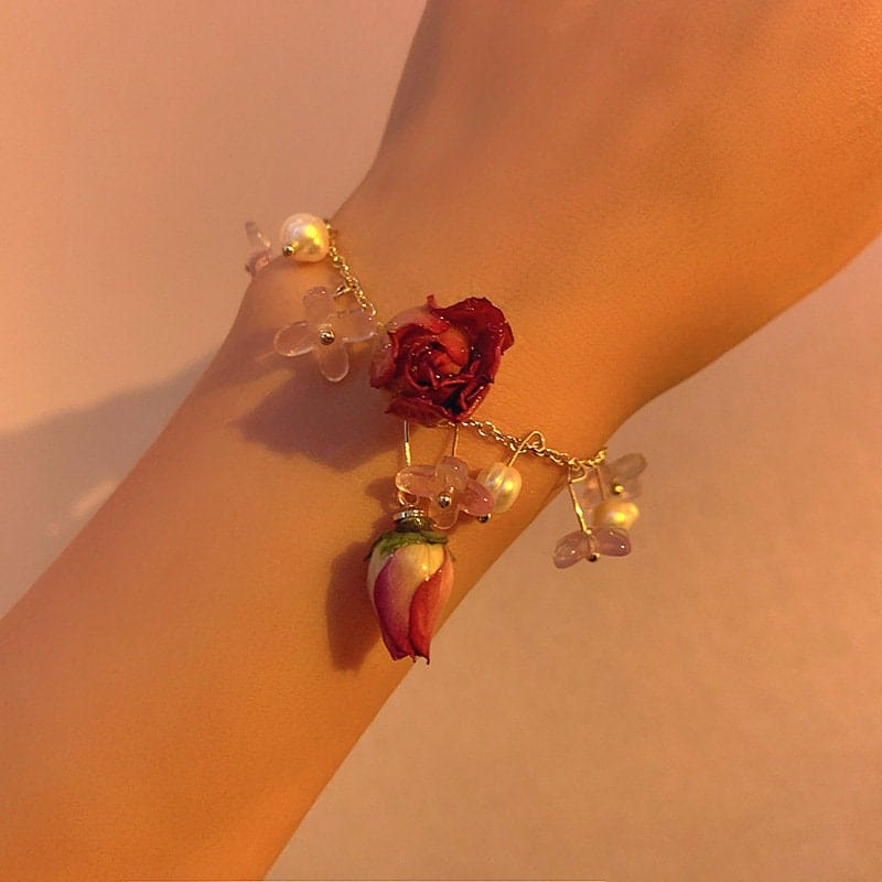 Real Dried Rosebud Floral Pearl Tassel Necklace Dangle Earrings Bracelet Set