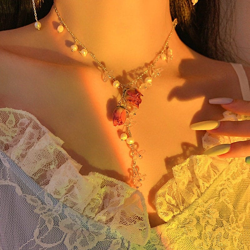 Real Dried Rosebud Floral Pearl Tassel Necklace Dangle Earrings Bracelet Set