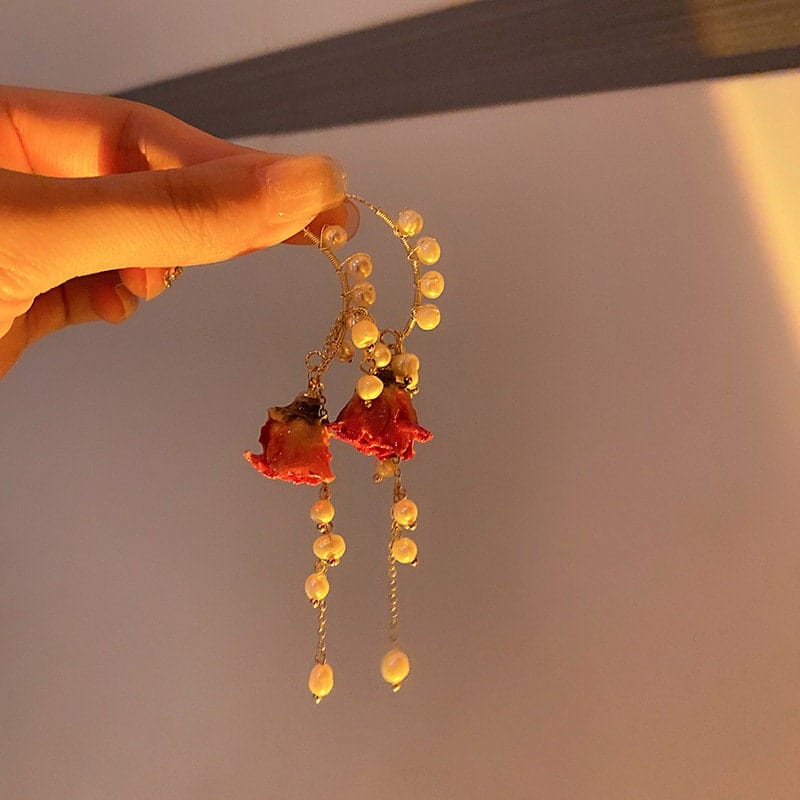 Real Dried Rosebud Floral Pearl Tassel Necklace Dangle Earrings Bracelet Set