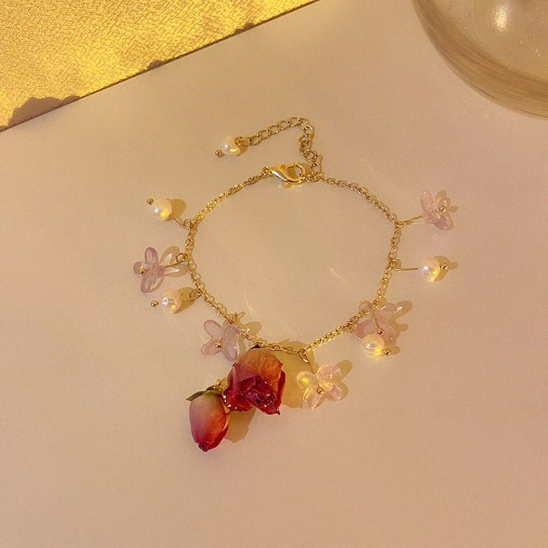Real Dried Rosebud Floral Pearl Tassel Necklace Dangle Earrings Bracelet Set