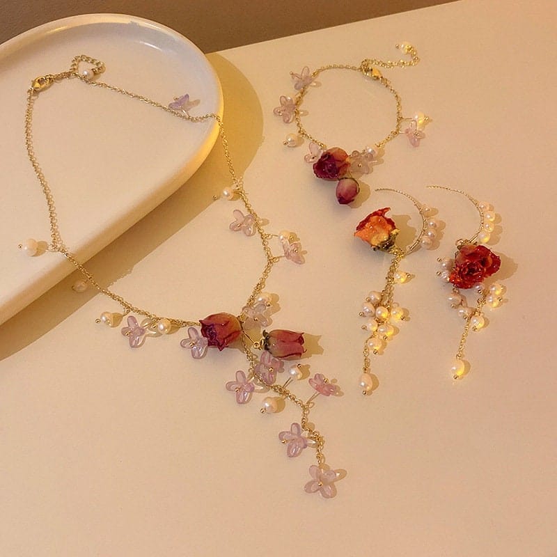 Real Dried Rosebud Floral Pearl Tassel Necklace Dangle Earrings Bracelet Set