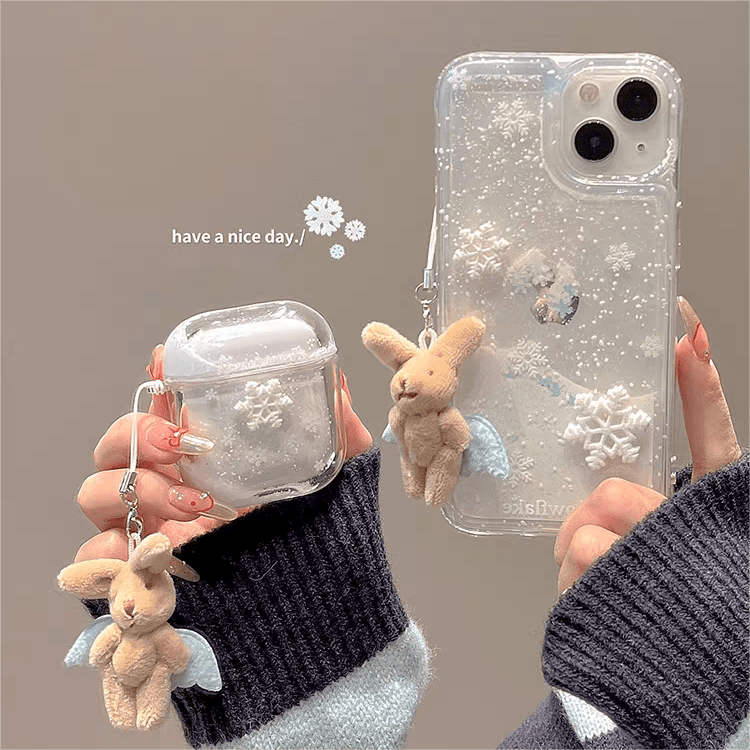 Étui pour AirPods Kawaii avec neige flottante et ornement