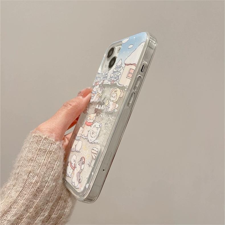 Coque iPhone autocollante Kawaii avec chiot et chaton flottant dans les neiges