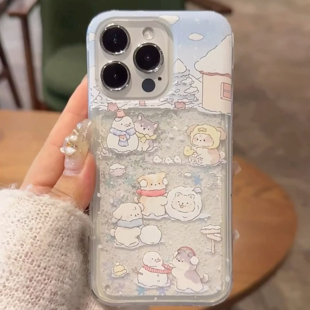 Coque iPhone autocollante Kawaii avec chiot et chaton flottant dans les neiges