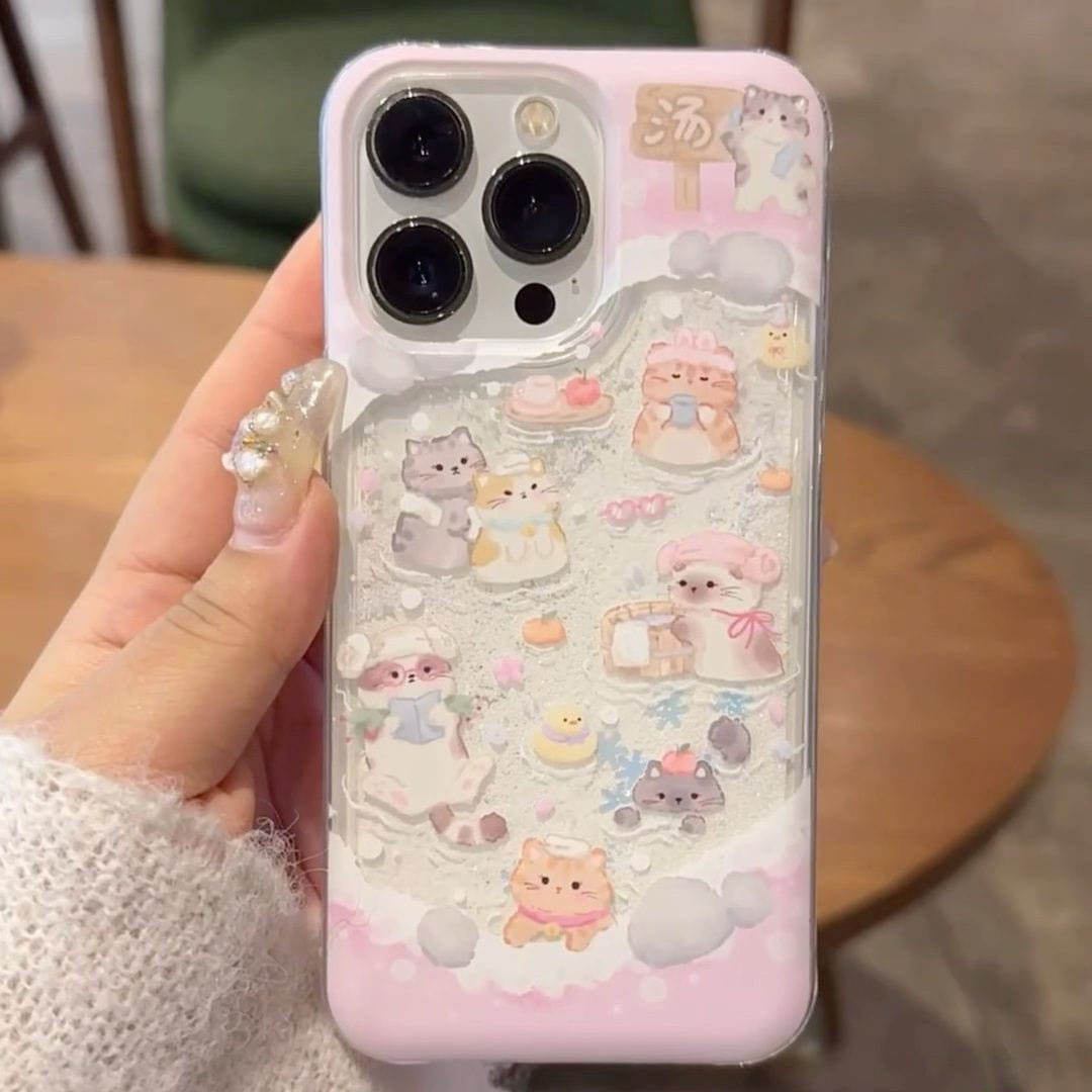 Coque iPhone autocollante Kawaii avec chiot et chaton flottant dans les neiges