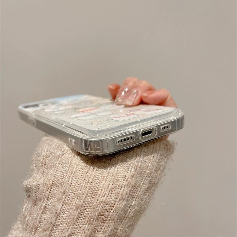 Coque iPhone autocollante Kawaii avec chiot et chaton flottant dans les neiges