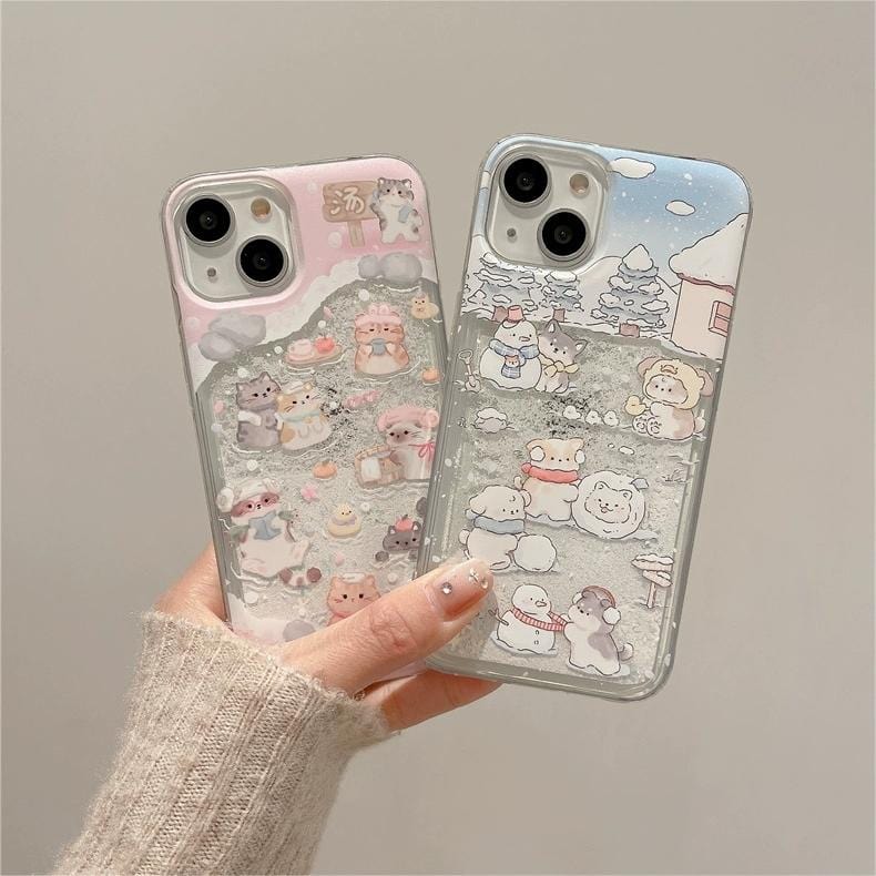 Coque iPhone autocollante Kawaii avec chiot et chaton flottant dans les neiges