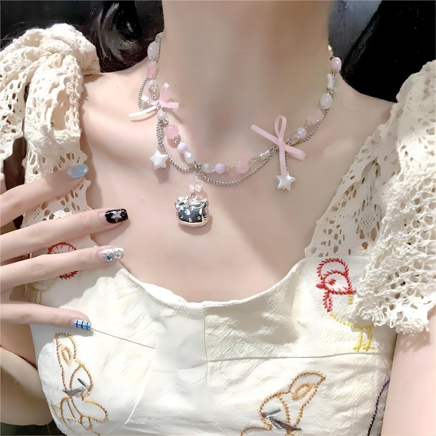Kawaii Layered Star Kitty Ball Chain Necklace
