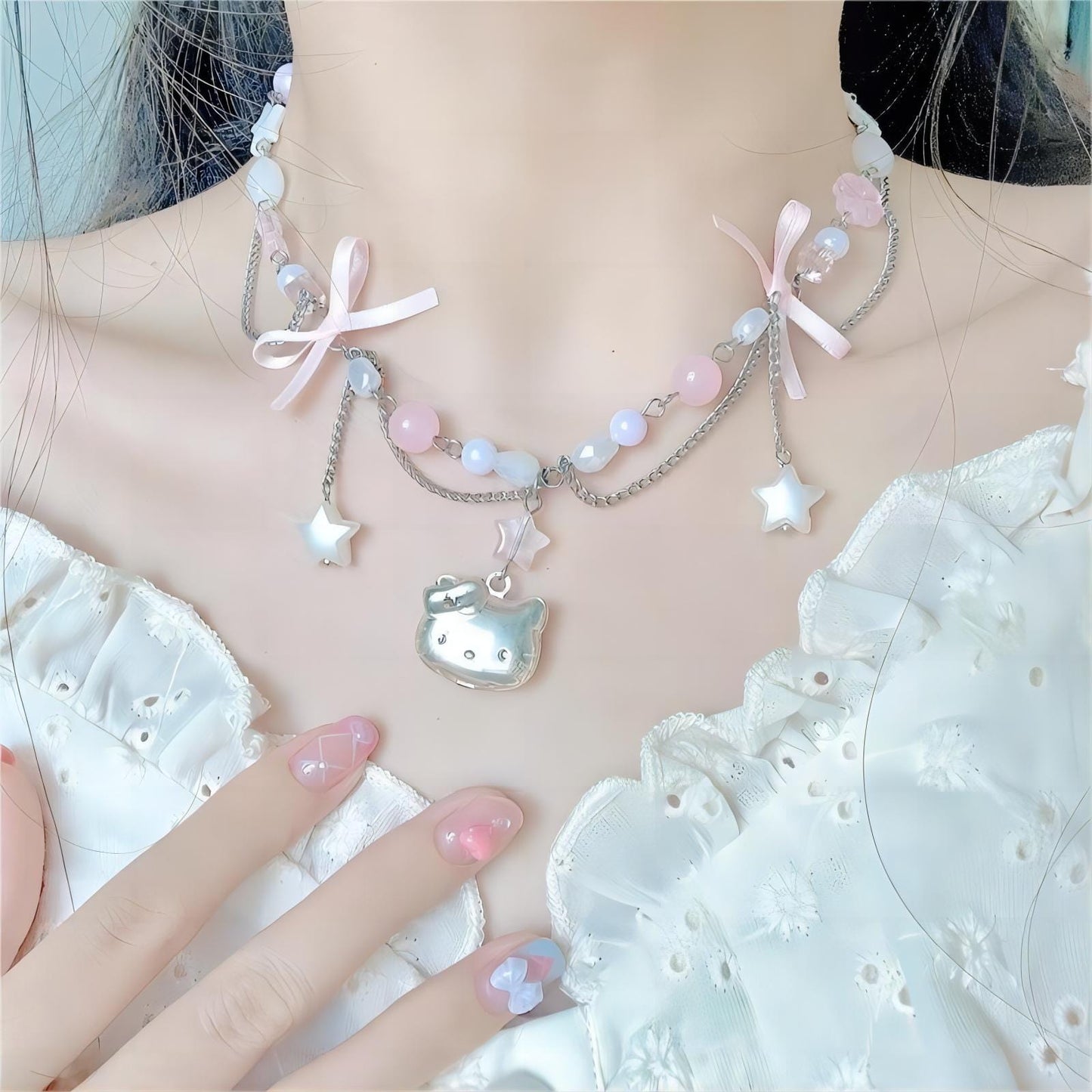 Kawaii Layered Star Kitty Ball Chain Necklace