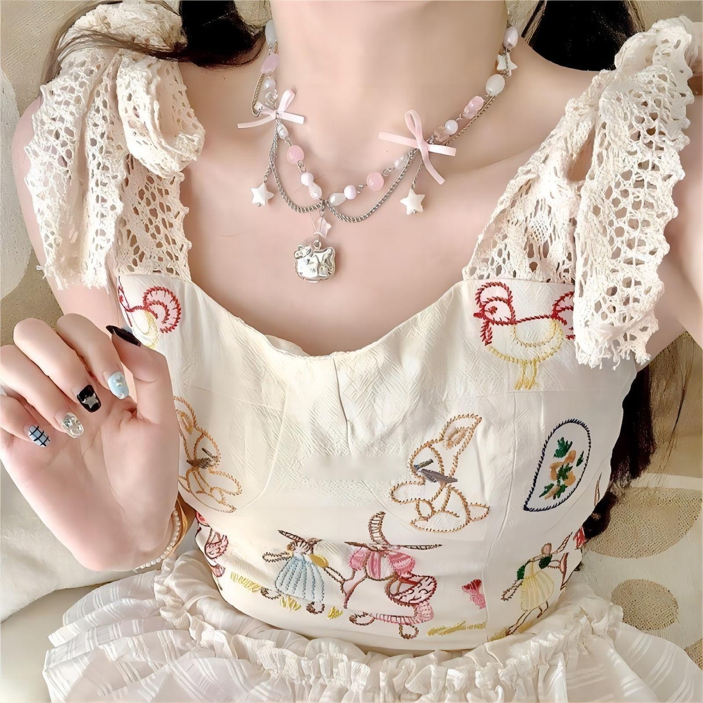 Kawaii Layered Star Kitty Ball Chain Necklace