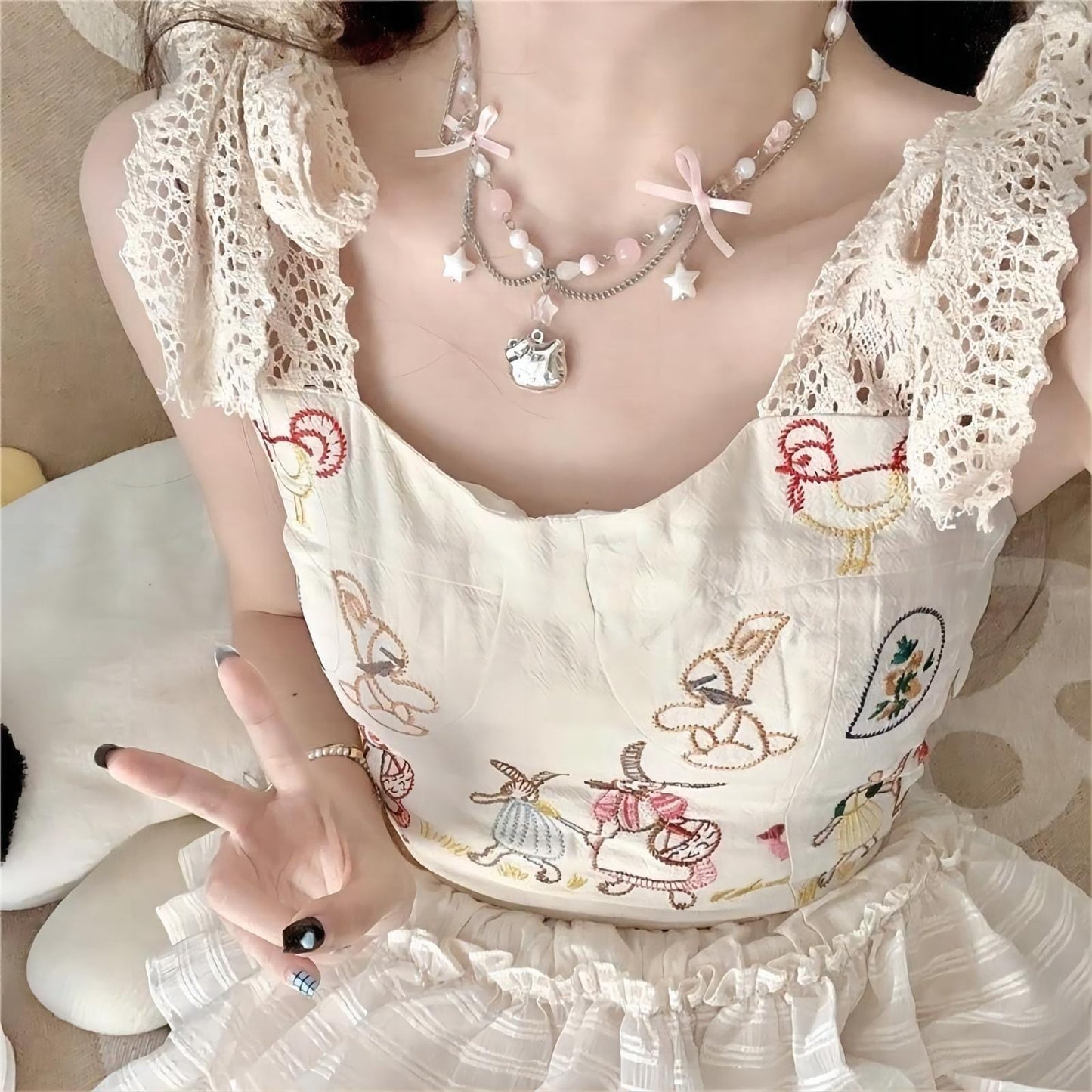 Kawaii Layered Star Kitty Ball Chain Necklace