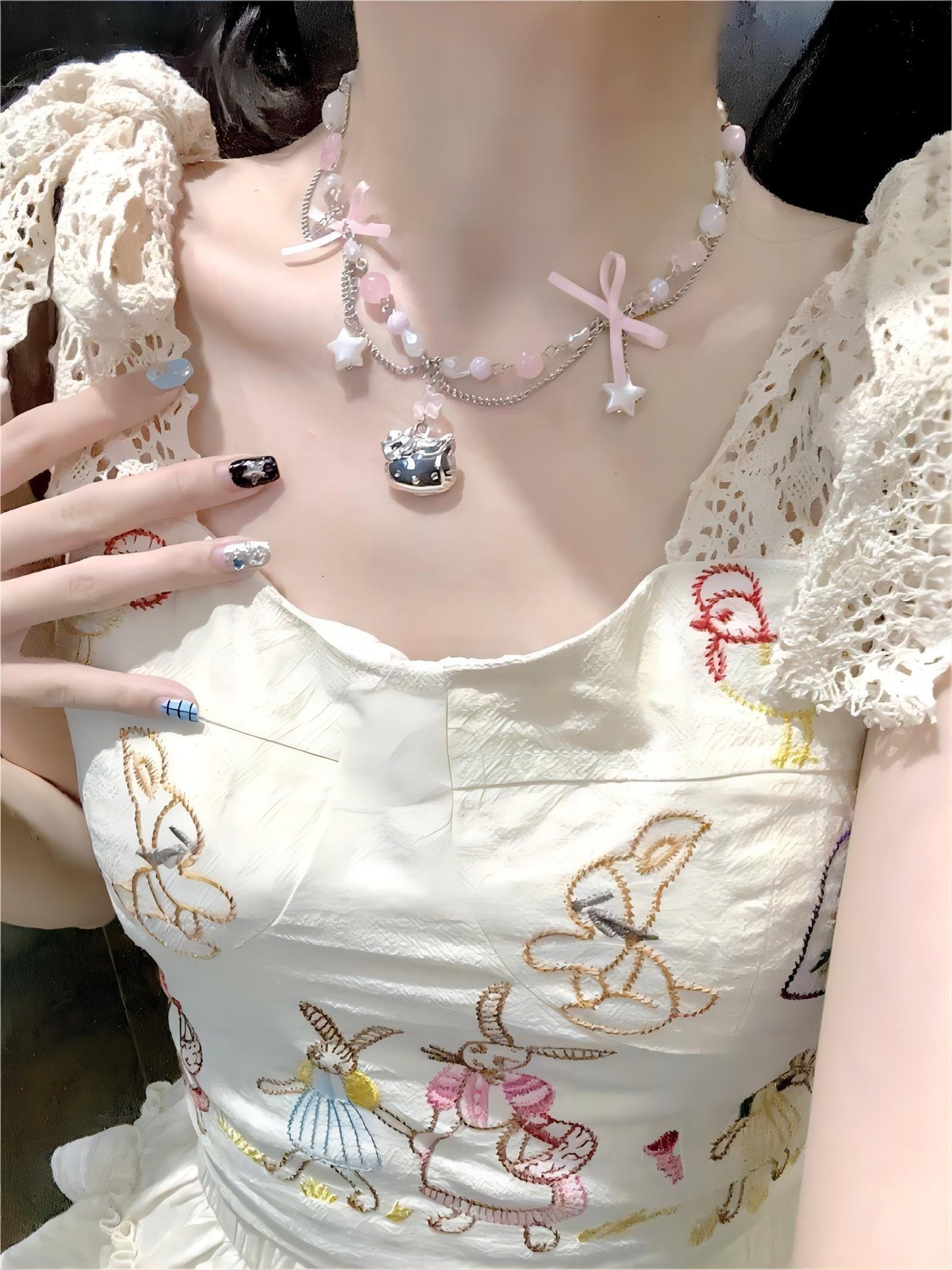 Kawaii Layered Star Kitty Ball Chain Necklace