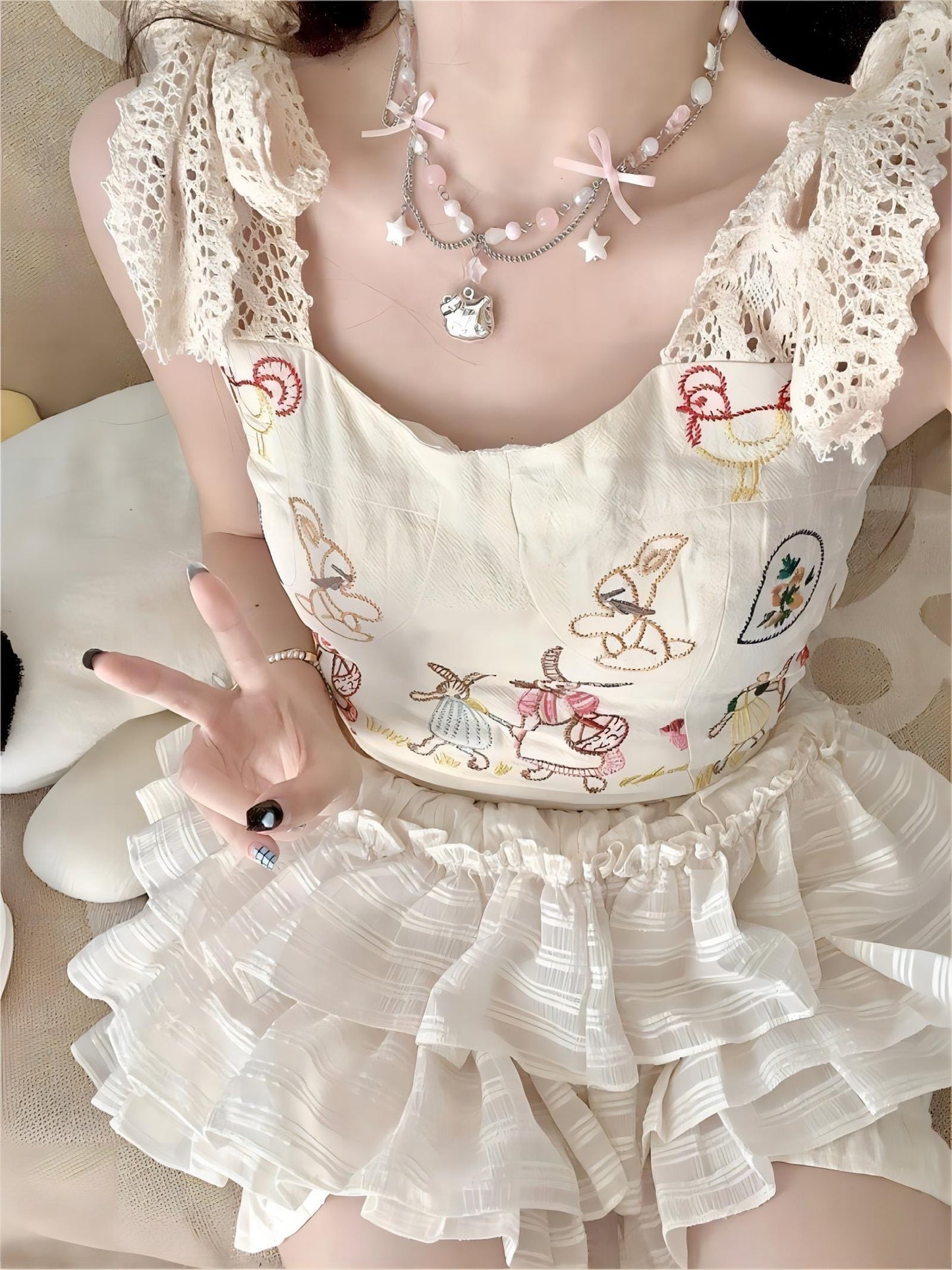 Kawaii Layered Star Kitty Ball Chain Necklace