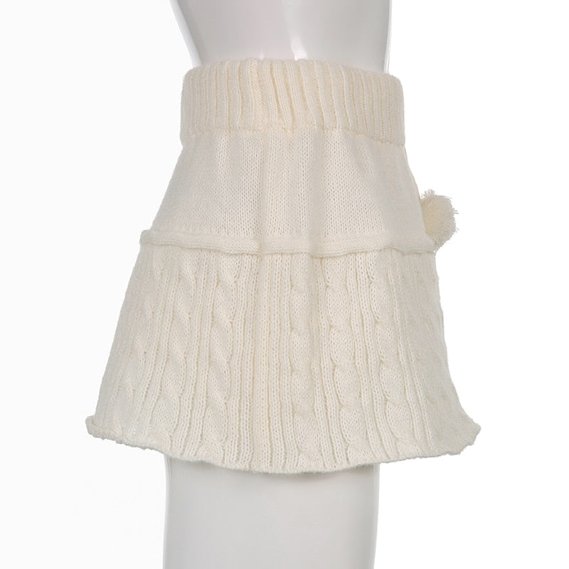 Knit Beige Pompom Skirt - coquette, dollette, fae, faecore, fairycore Kawaii Babe