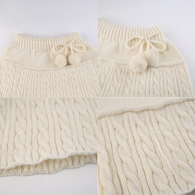 Knit Beige Pompom Skirt - coquette, dollette, fae, faecore, fairycore Kawaii Babe
