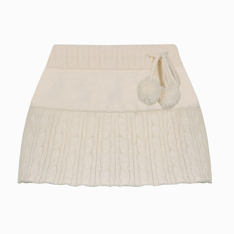 Knit Beige Pompom Skirt - coquette, dollette, fae, faecore, fairycore Kawaii Babe