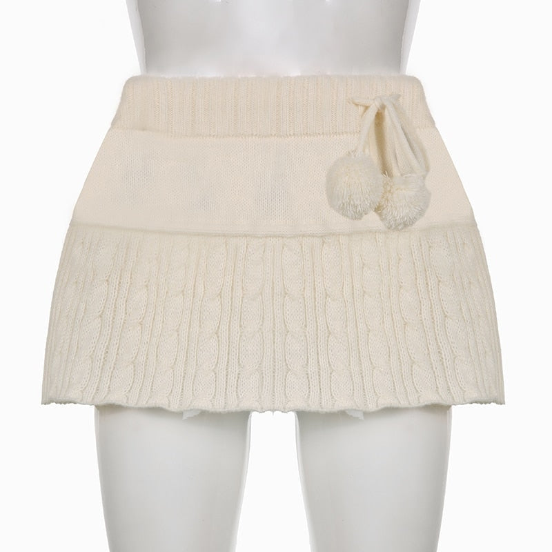 Knit Beige Pompom Skirt - coquette, dollette, fae, faecore, fairycore Kawaii Babe