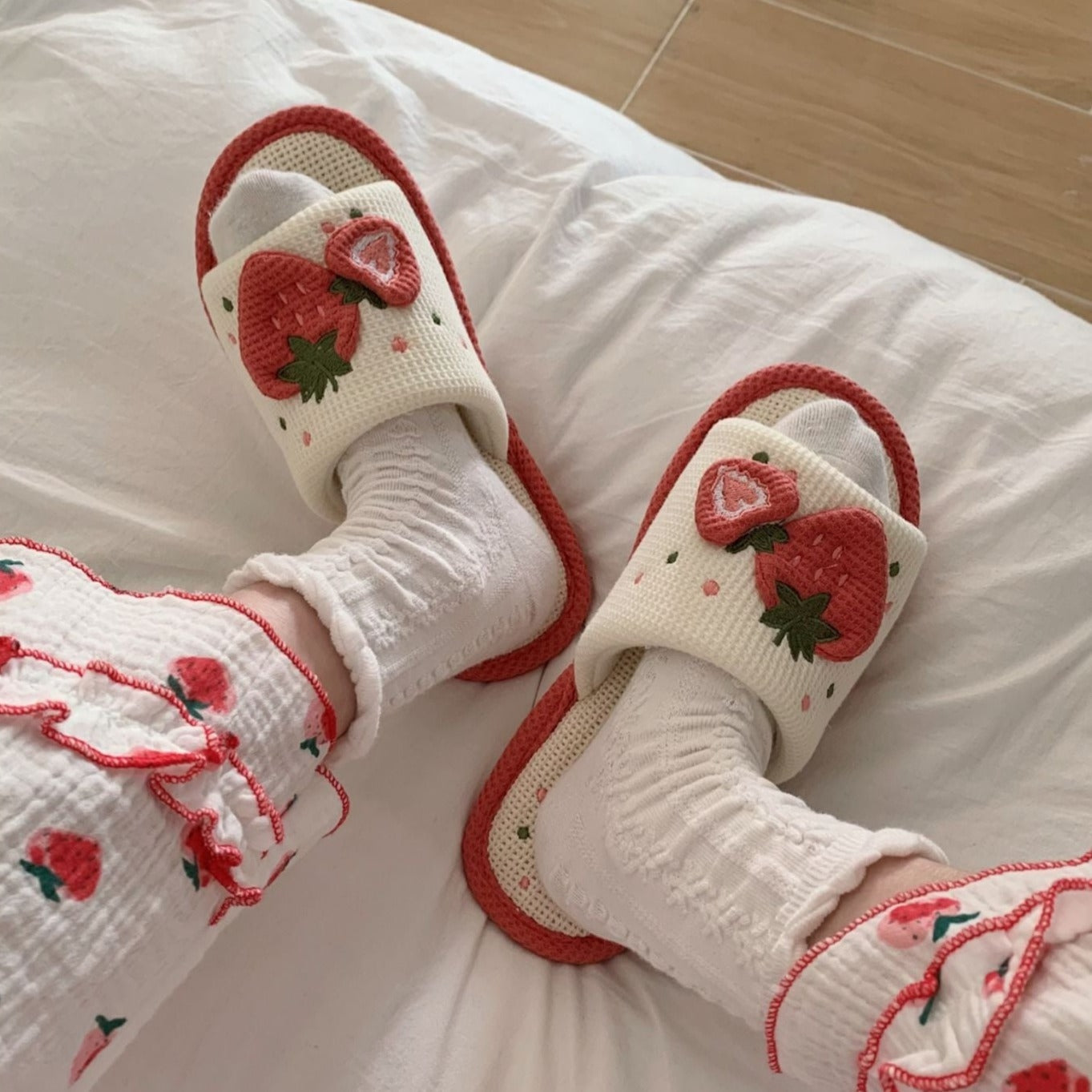 Knit strawberry slides - embroidery - fuzzy slippers - slides - strawberries
