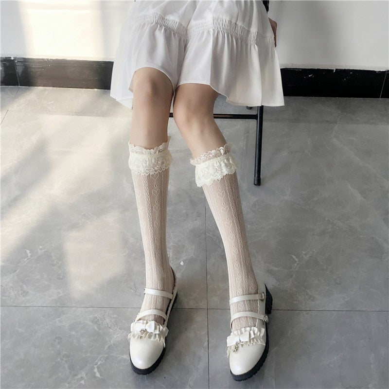 Lace Heart & Ribbon Stockings - angelcore, angelic, coquette, dollette, fairycore Kawaii Babe