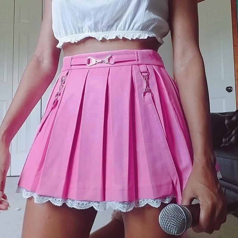 Lace Hemmed Pleated Skirt - belted, lace trim, pink skirt, pleated skirts