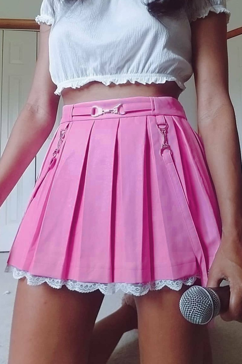 Lace Hemmed Pleated Skirt - belted, lace trim, pink skirt, pleated skirts