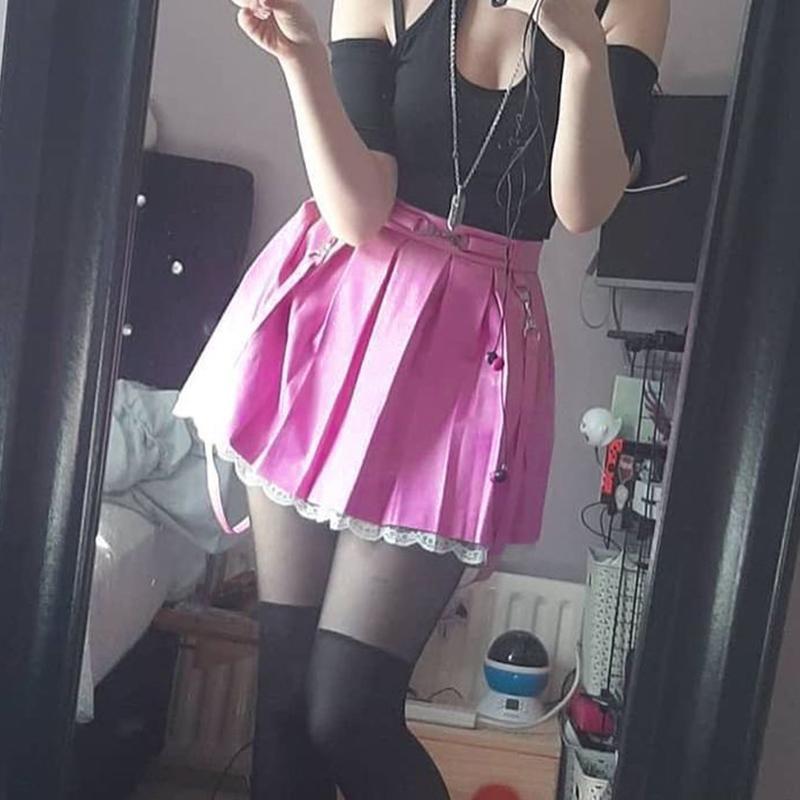 Lace Hemmed Pleated Skirt - belted, lace trim, pink skirt, pleated skirts