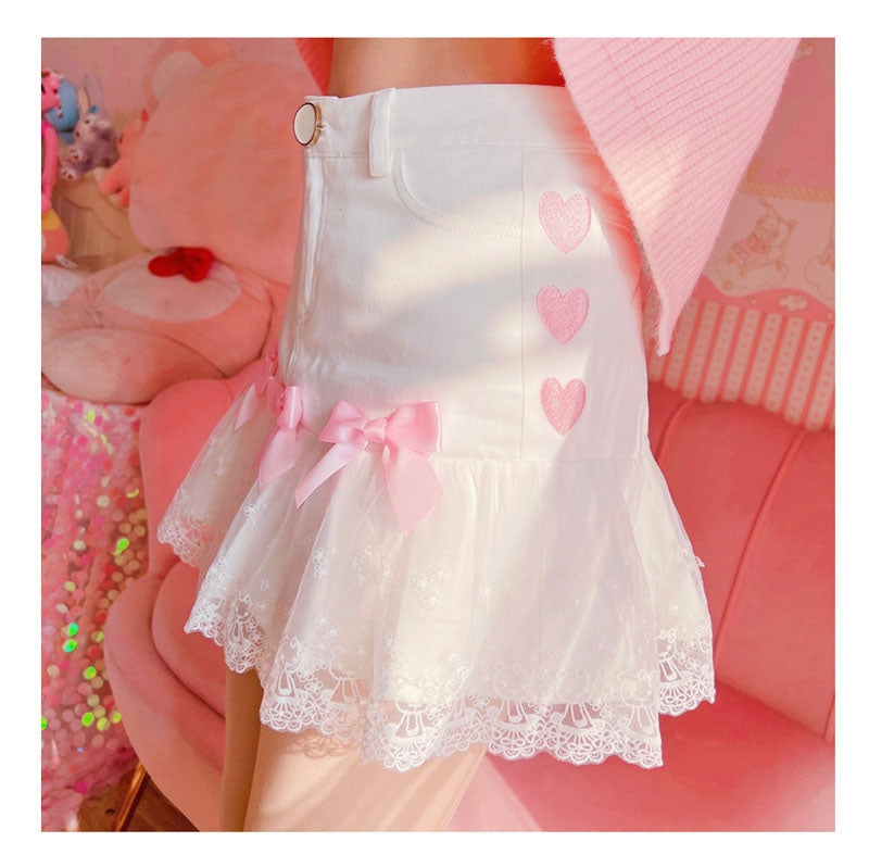 Lace ribbon lolita skirt - bow skirt - bowknot - bows - fairy kei - girly