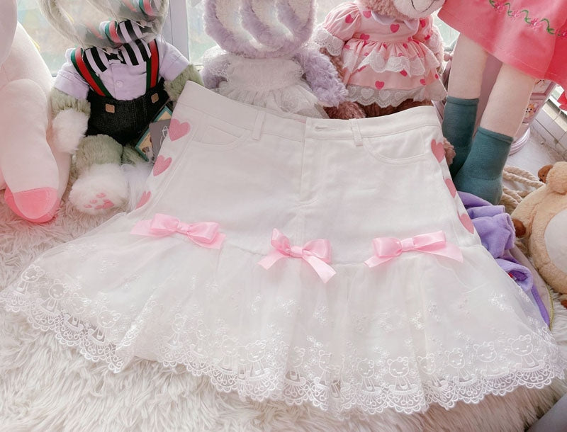 Lace ribbon lolita skirt - bow skirt - bowknot - bows - fairy kei - girly