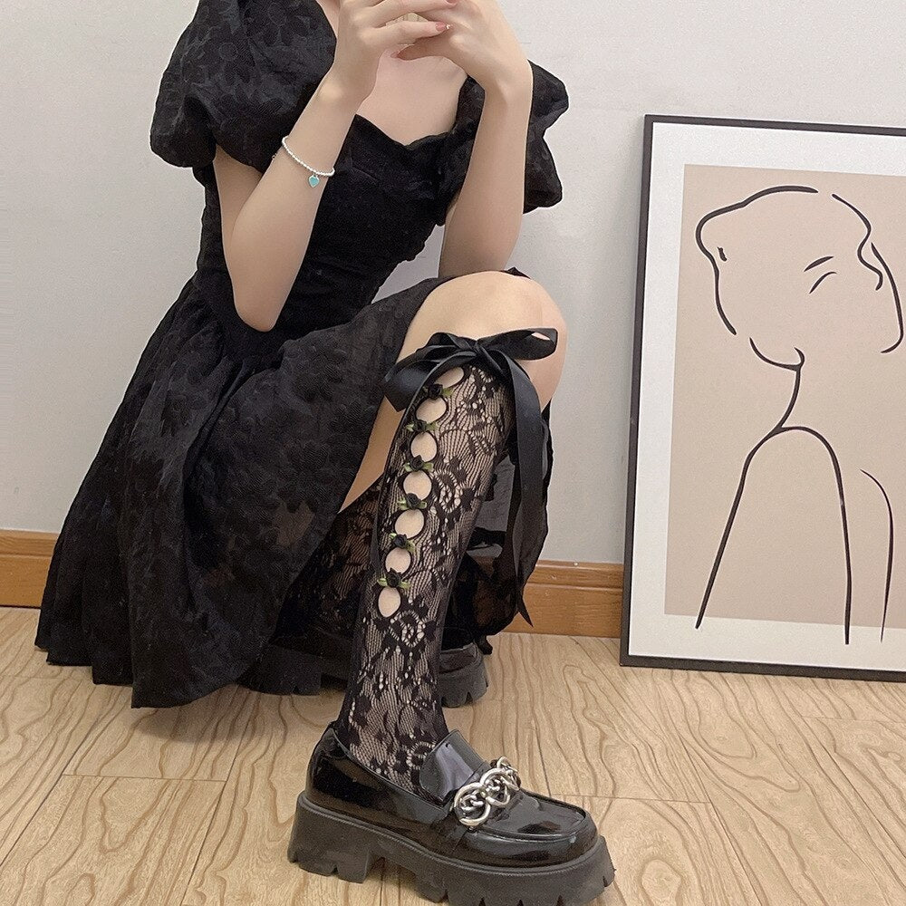 Lolita Lace Ribbon & Rosebud Stockings - angelcore, angelic, dainty, dollette, elegant Kawaii Babe