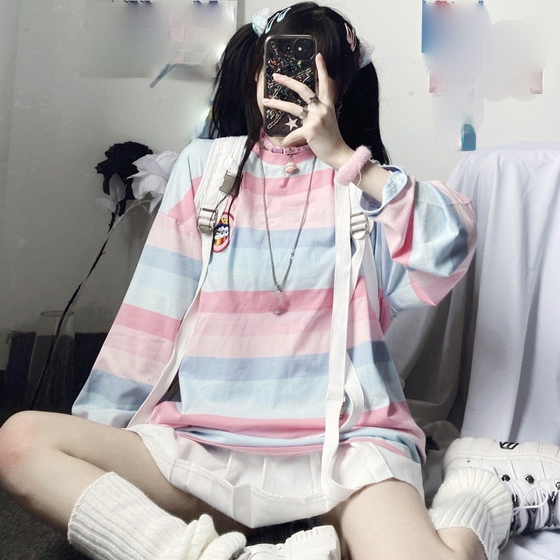 Pastel striped oversized top - kawaii - long sleeve - pastel - shirt - striped