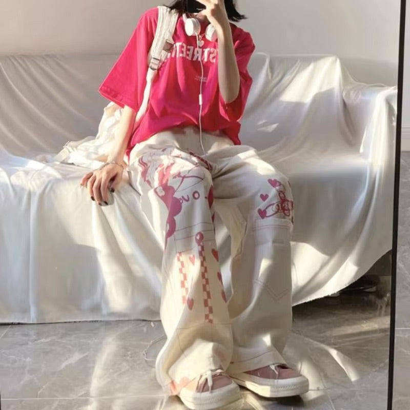 Pink anime print baggy pants - hearts - kawaii - pants - pink - y2k