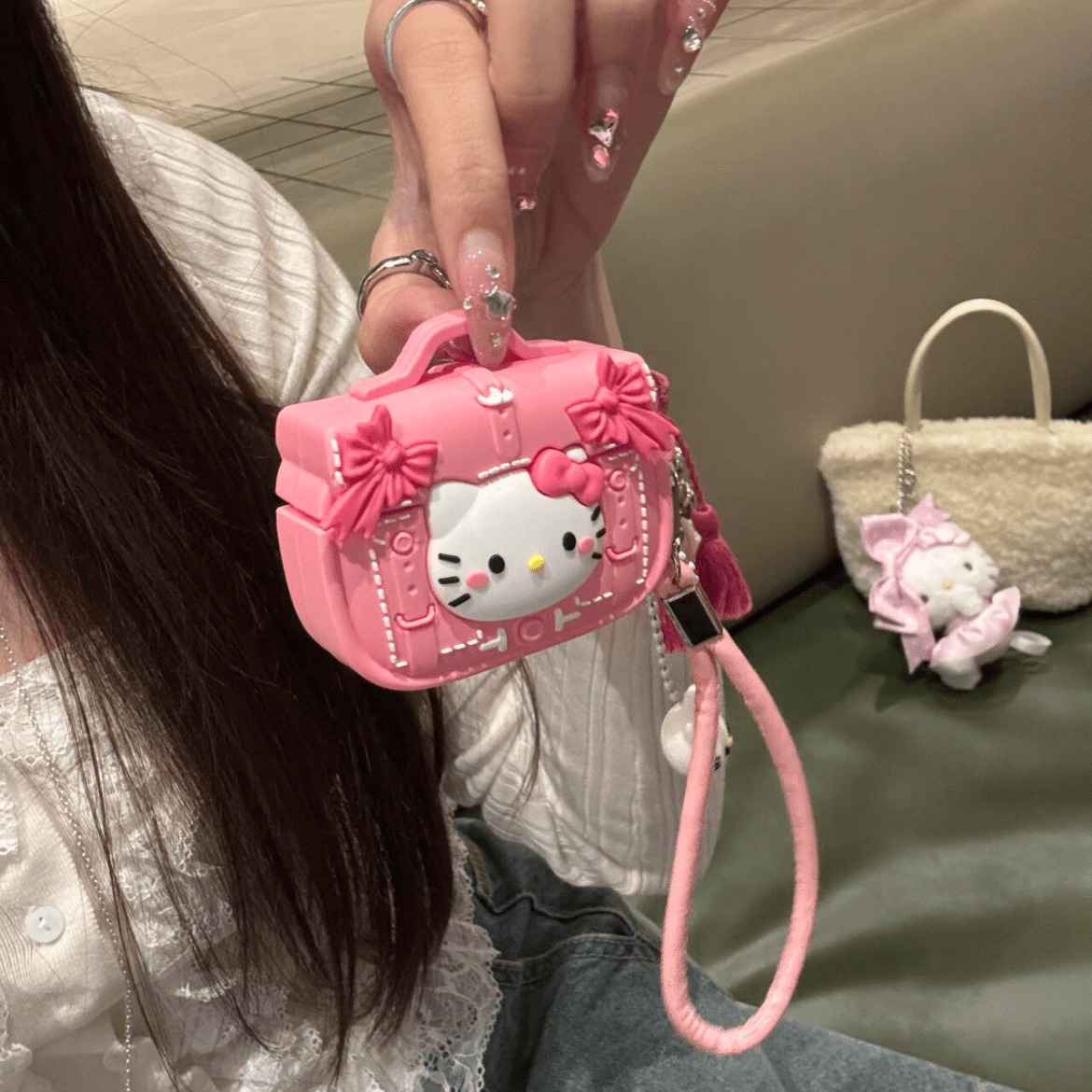 Pink Briefcas Kitty AirPods Earphone Case With Lanyard