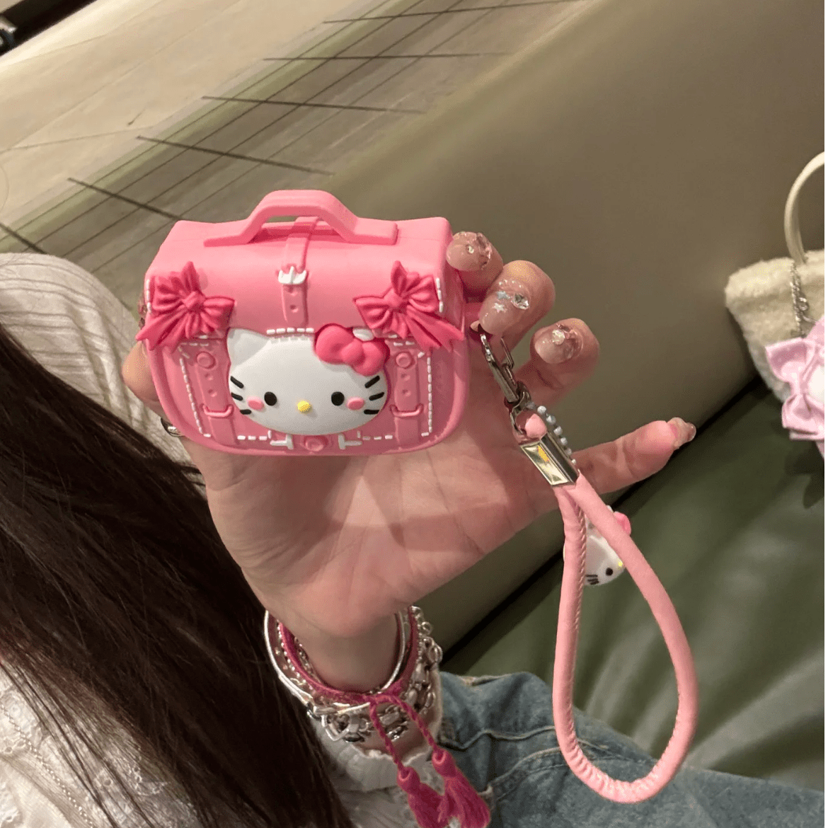 Pink Briefcas Kitty AirPods Earphone Case With Lanyard