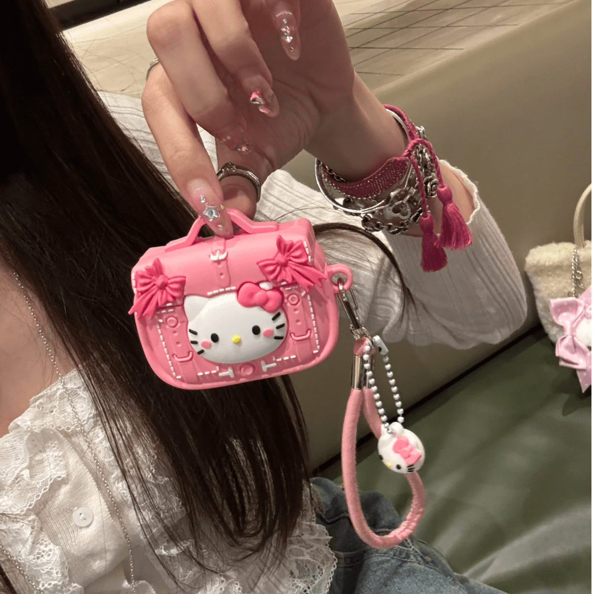 Pink Briefcas Kitty AirPods Earphone Case With Lanyard